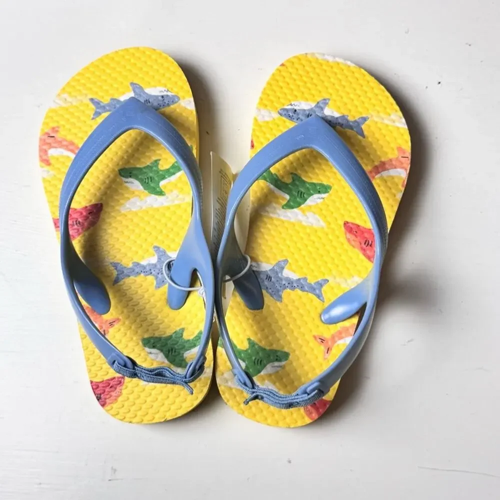 Kids Flip Flops with Shark Print - Blue and Yellow